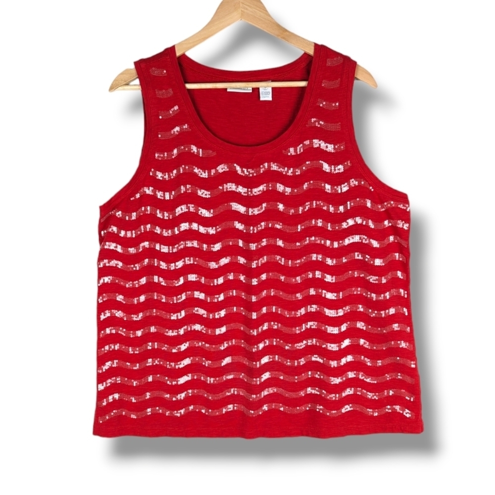 Chico's Zenergy Sequined‎ Tank Top Shirt 3 XL Red Stretch Summer Blouse